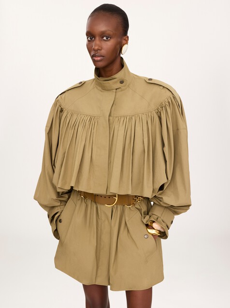 High-neck short trench coat in cotton poplin