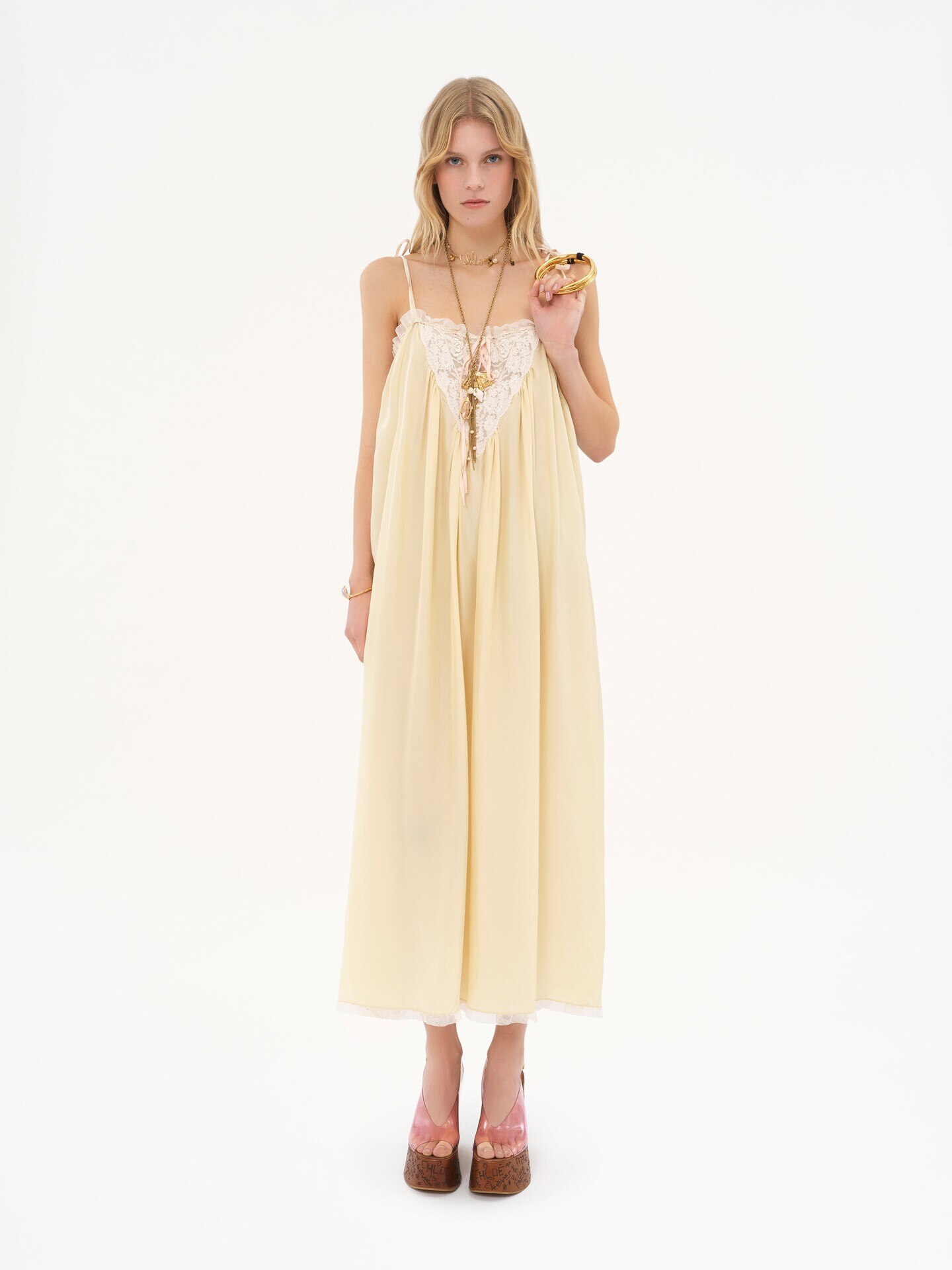 Ruffled long dress in silk habotai & lace - 3
