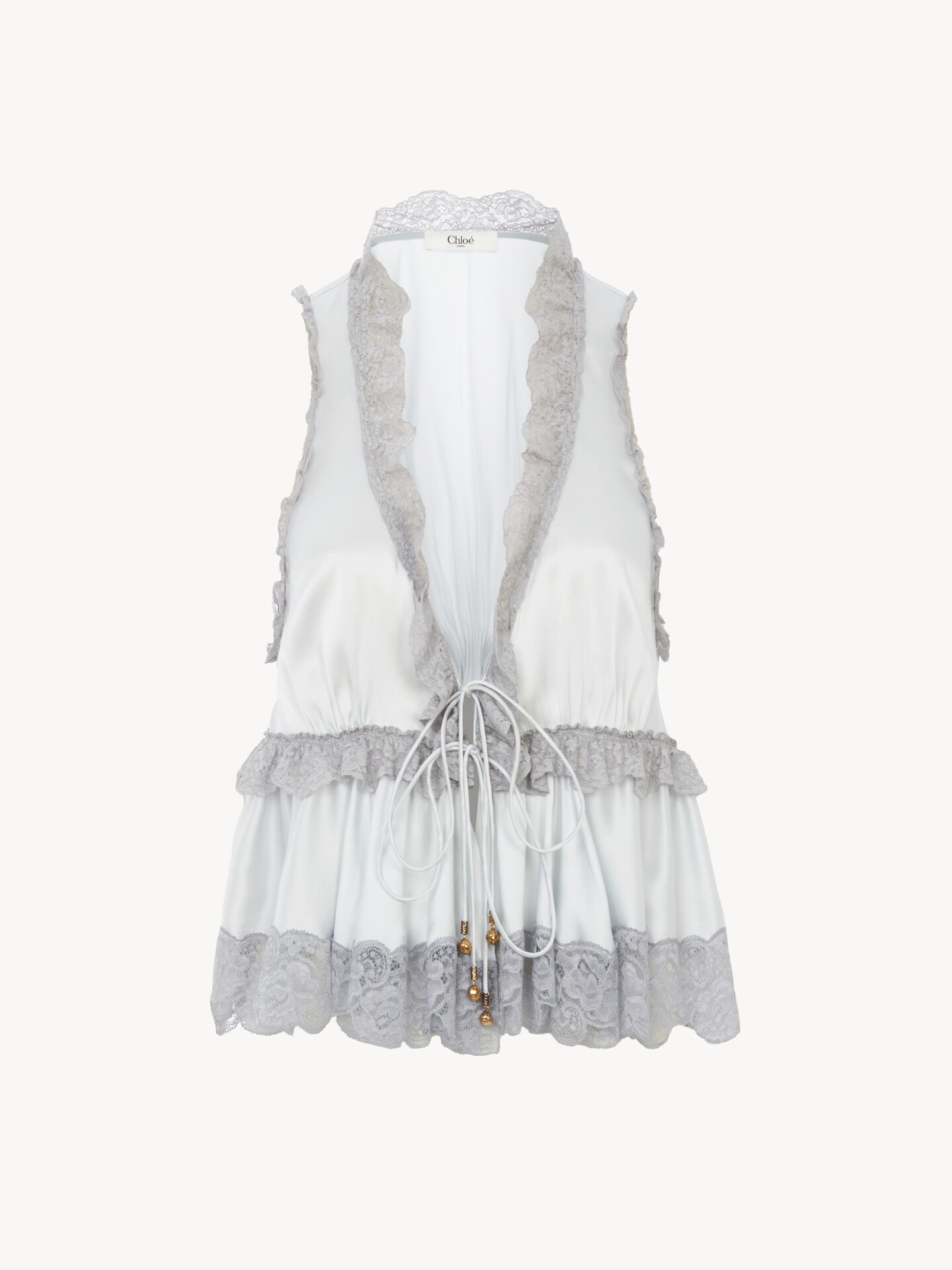 Tie-front sleeveless top in washed silk satin & lace - 2