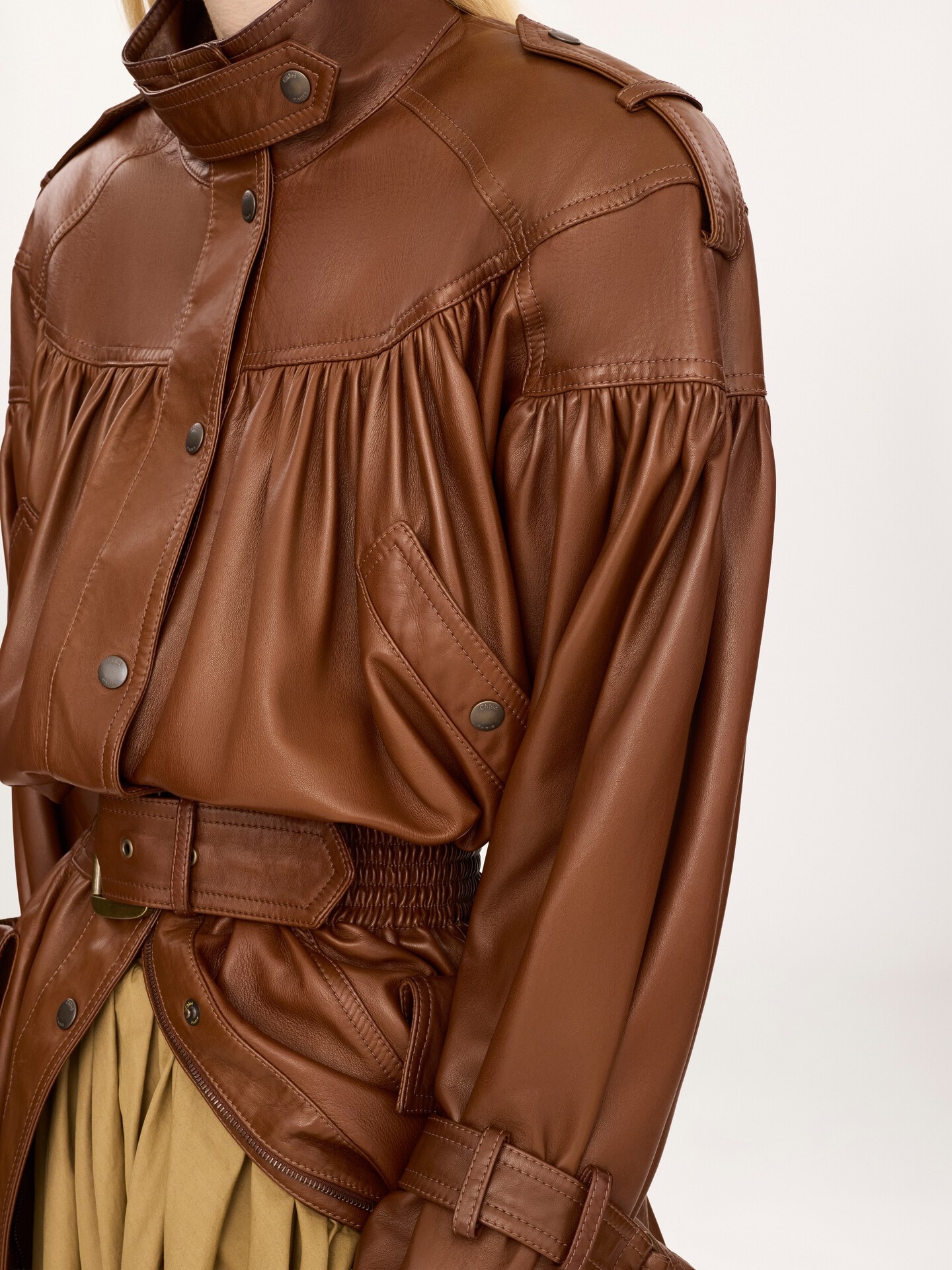 High-neck puff-sleeve leather coat - 7