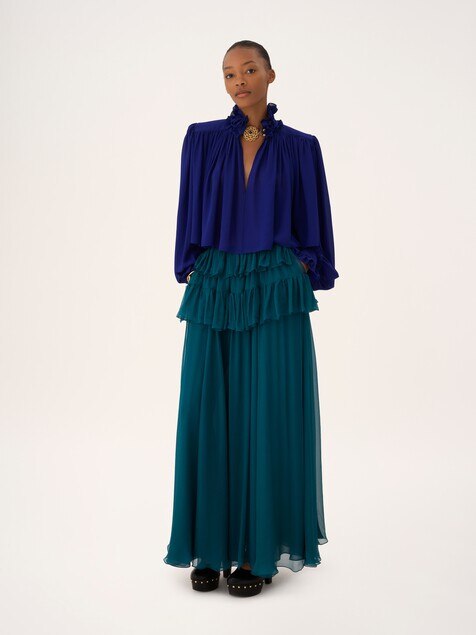 Ruffled long skirt in silk mousseline