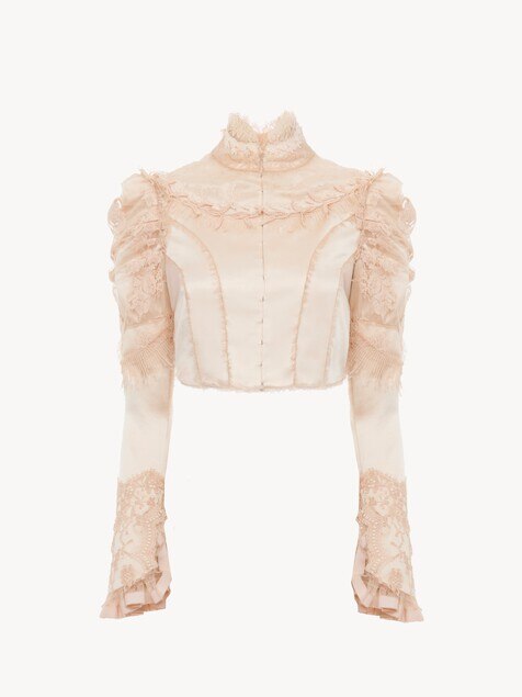 Cropped fitted jacket in silk duchess satin & lace
