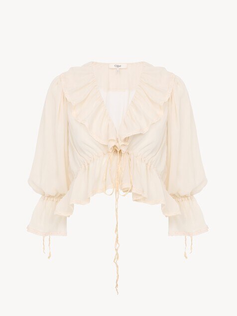 Cropped V-neck ruffle top in silk georgette & lace