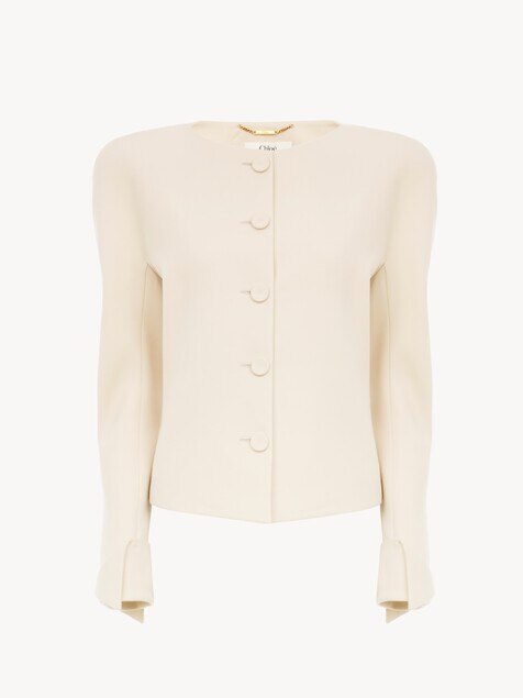 Collarless fitted jacket in wool grain de poudre