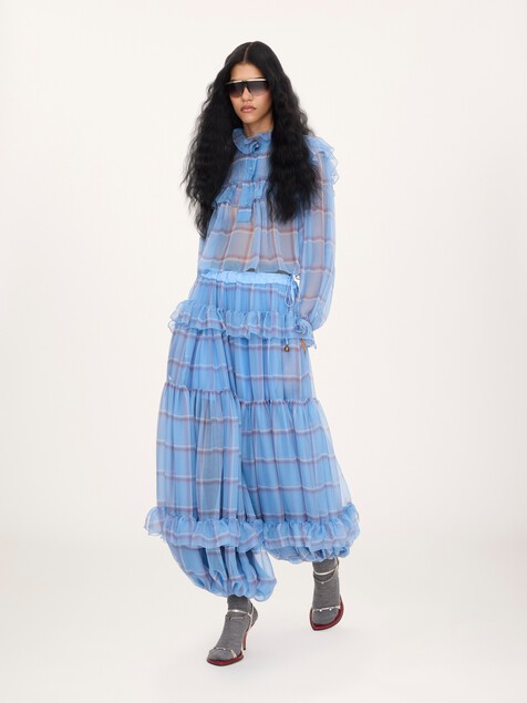 Ruffled top in check silk mousseline