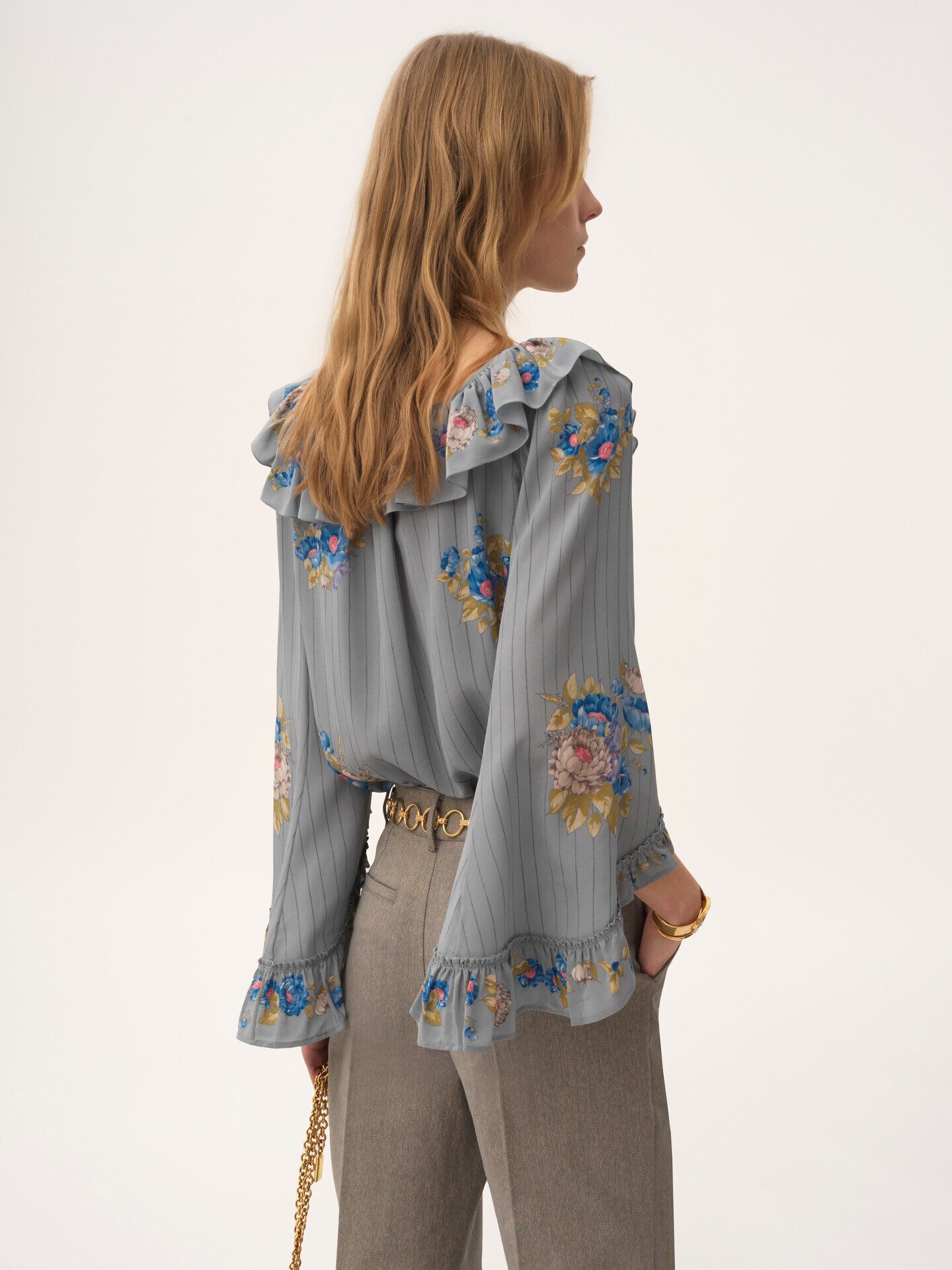 Square-neck ruffle top in crêpe de chine - 5