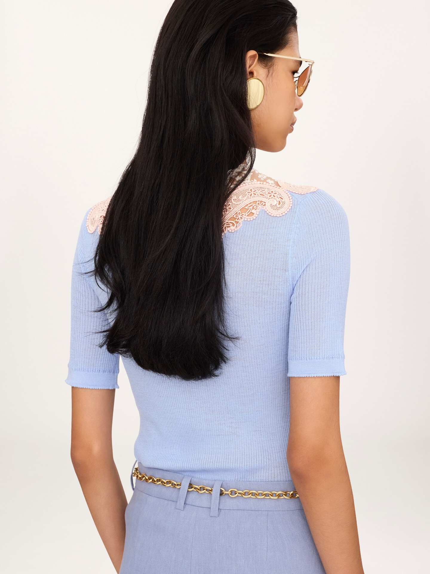 Elbow-sleeve fitted sweater in a wool knit & lace - 5