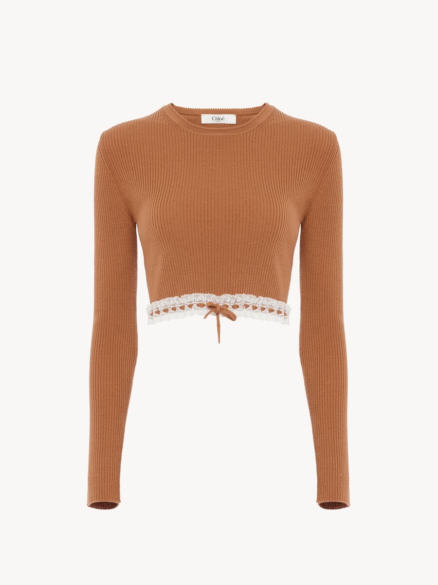 Cropped fitted sweater in a wool knit & lace - 2