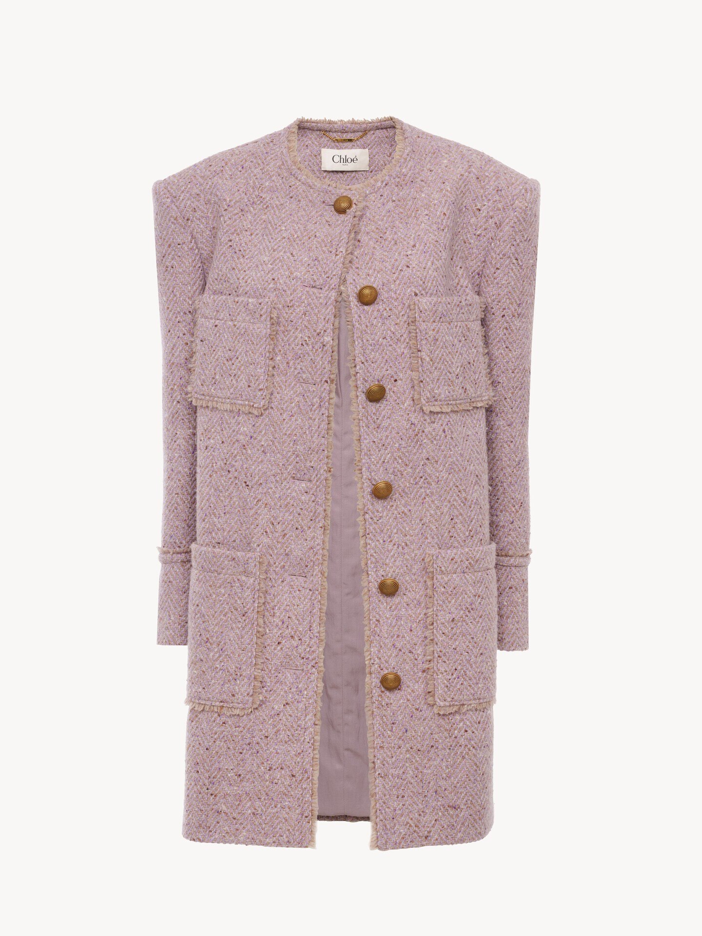 Single-breasted collarless coat in chin&eacute; wool tweed - 2