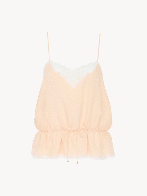 Drawstring camisole top in silk jacquard & lace
