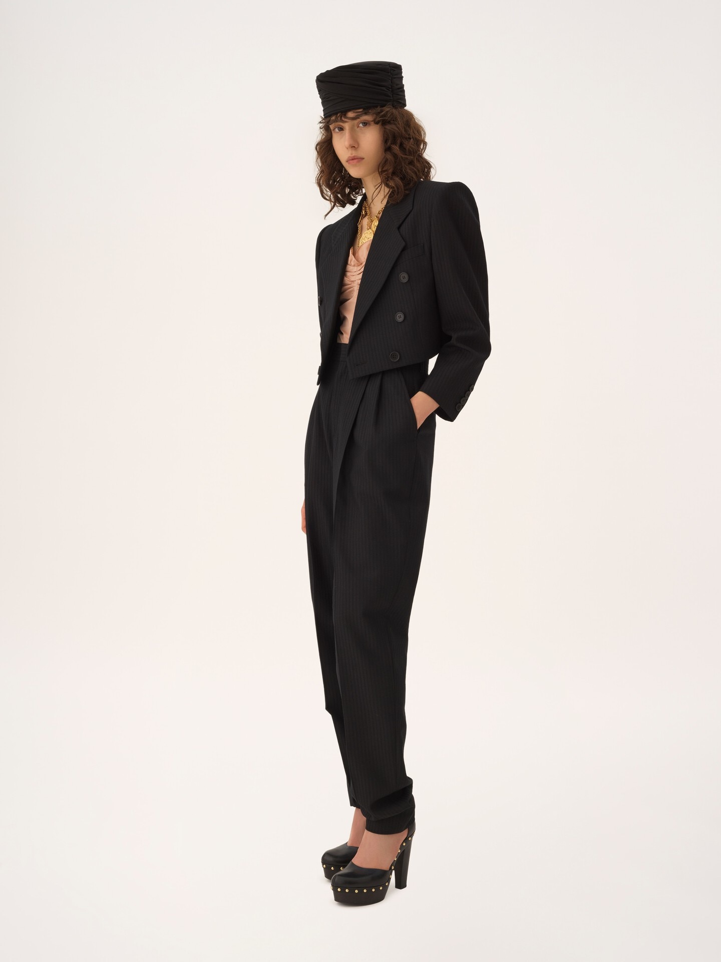 Chaqueta Spencer cropped con doble botonadura de lana de rayas - 3