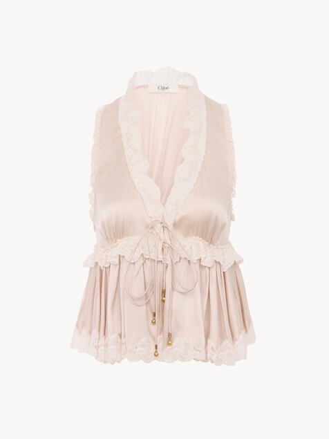 Tie-front sleeveless top in washed silk satin & lace