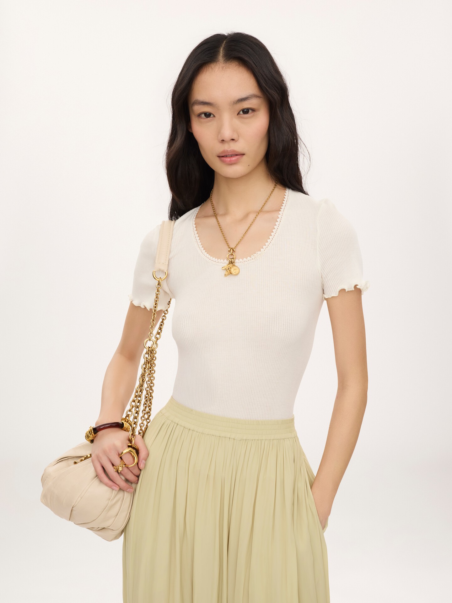 Scoop-neck fitted T-shirt in cotton & silk jersey - 4