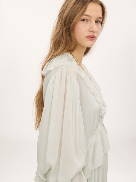 Gathered long dress in silk charmeuse
