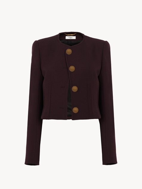 Collarless cropped jacket in wool cr&ecirc;pe