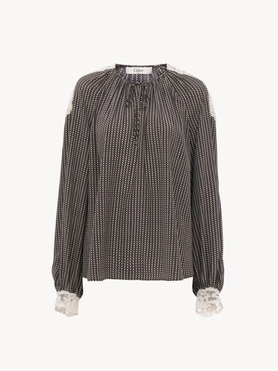 Open-neck top in cr&ecirc;pe de chine & lace - 1