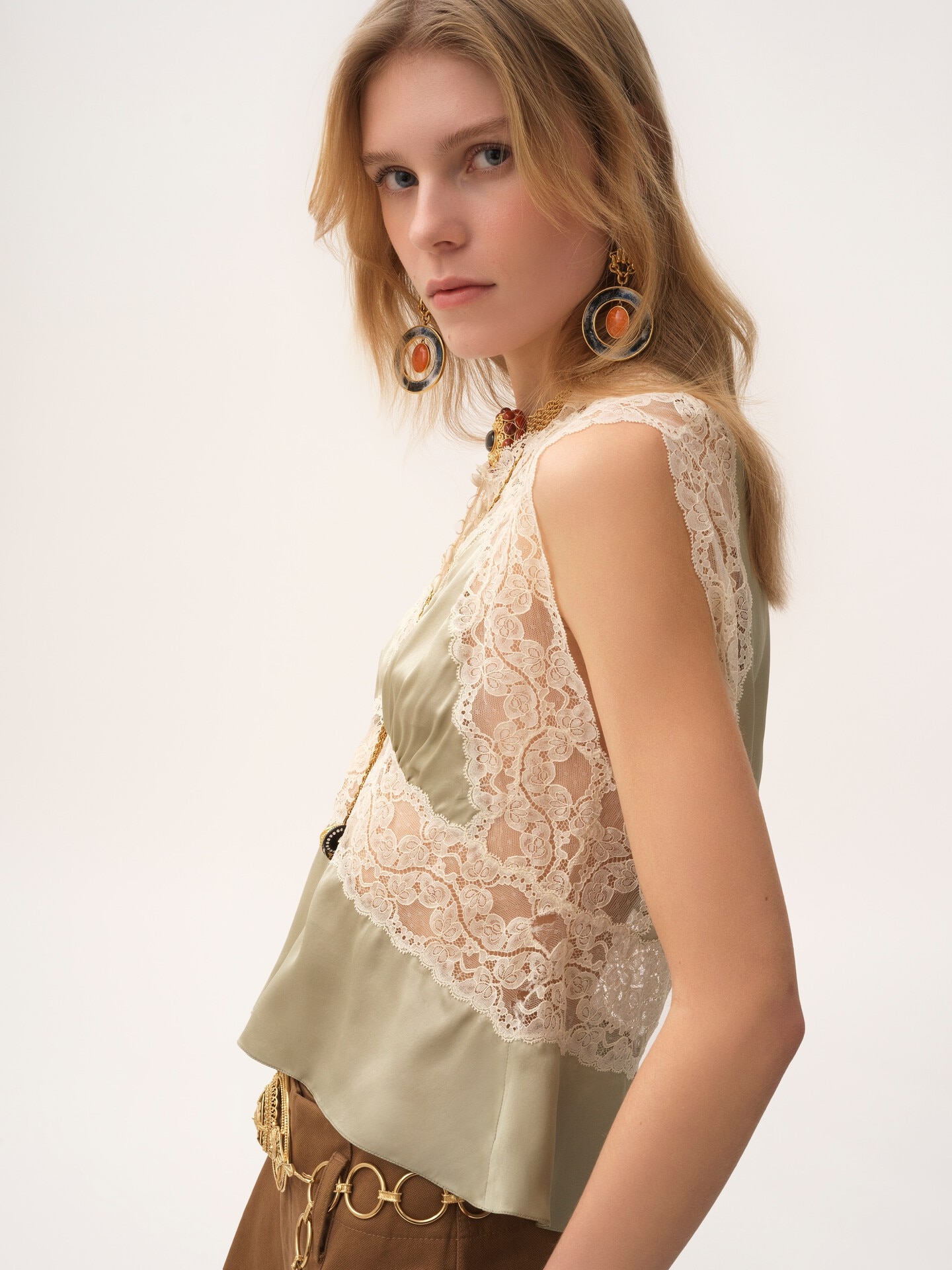 V-neck top in silk satin & lace - 6