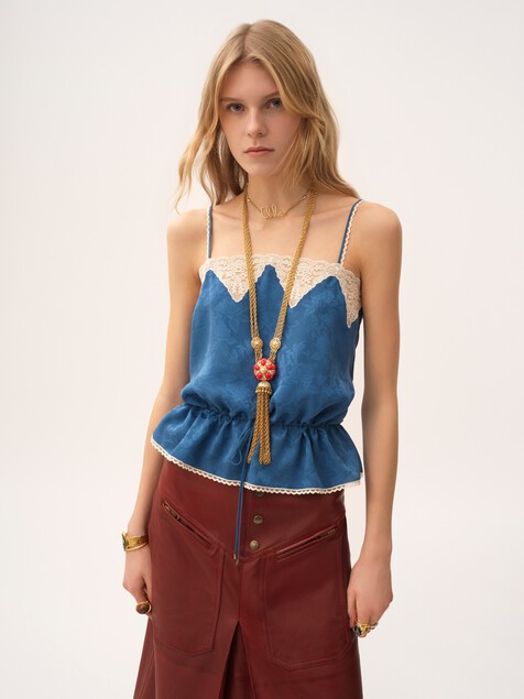 Drawstring camisole top in silk jacquard & lace