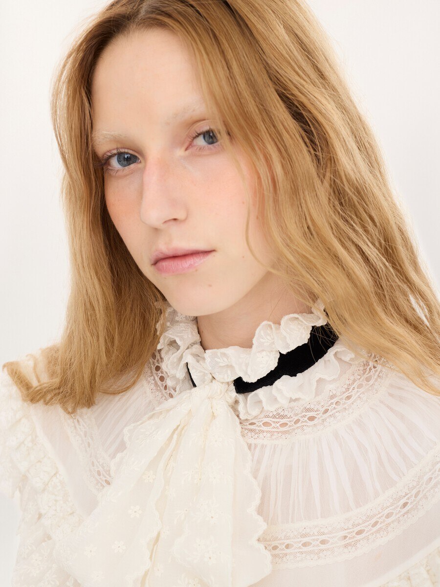 Tie-front ruffle top in silk mousseline & lace - 7
