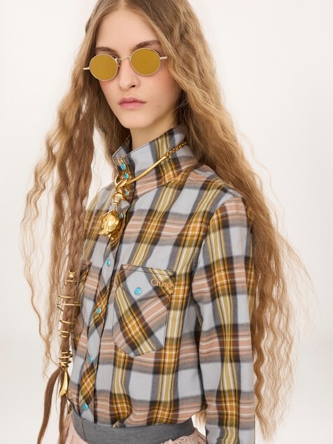 Camisa lavalli&egrave;re de algod&oacute;n y cupro de cuadros