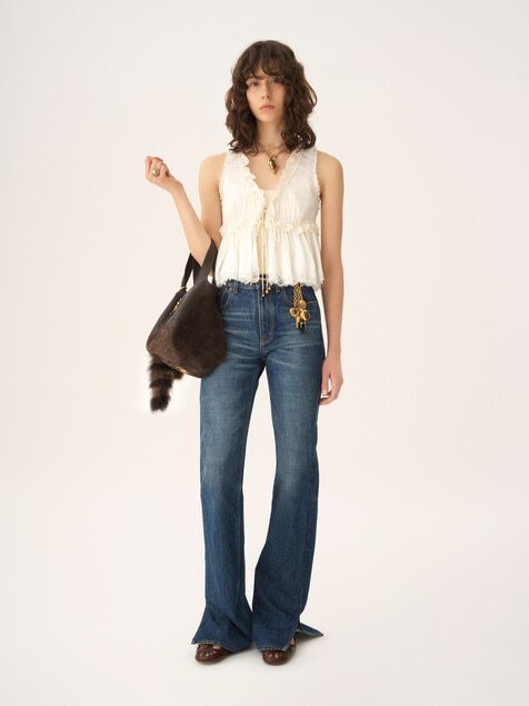 Tie-front sleeveless top in washed silk satin & lace