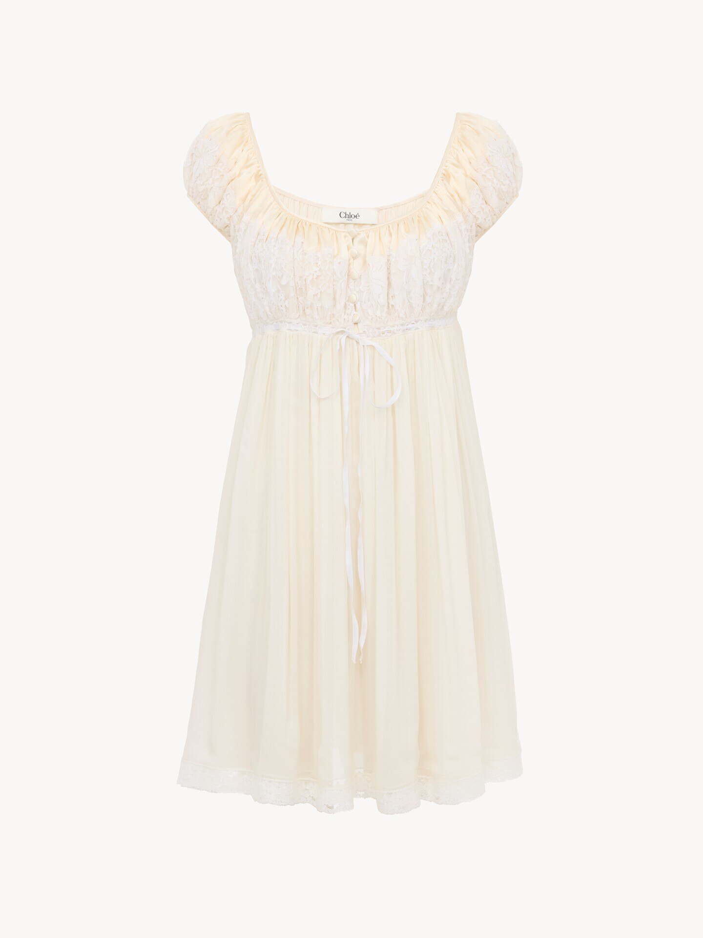Short-sleeve mini dress in silk mousseline & lace - 2