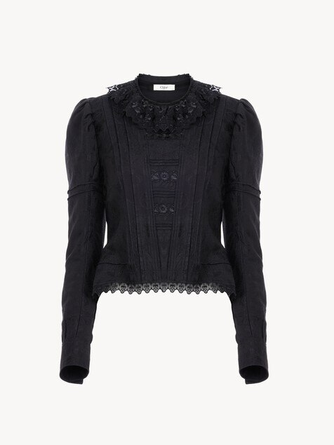 Chaqueta entallada de jacquard y encaje en mezcla de seda