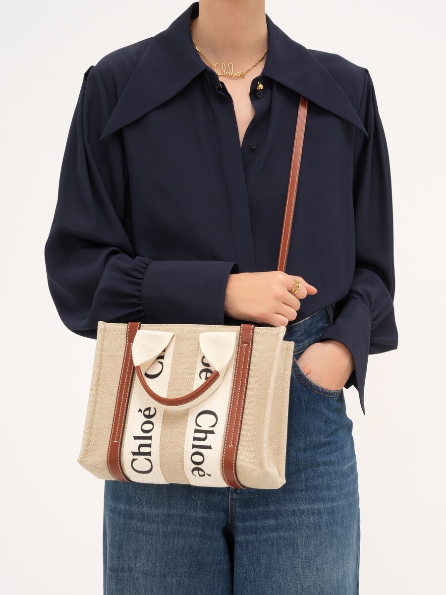 Small Woody tote bag in linen - 3
