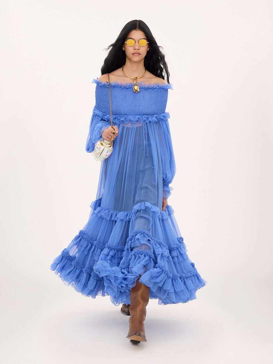 Off-the-shoulder long dress in silk mousseline - 3
