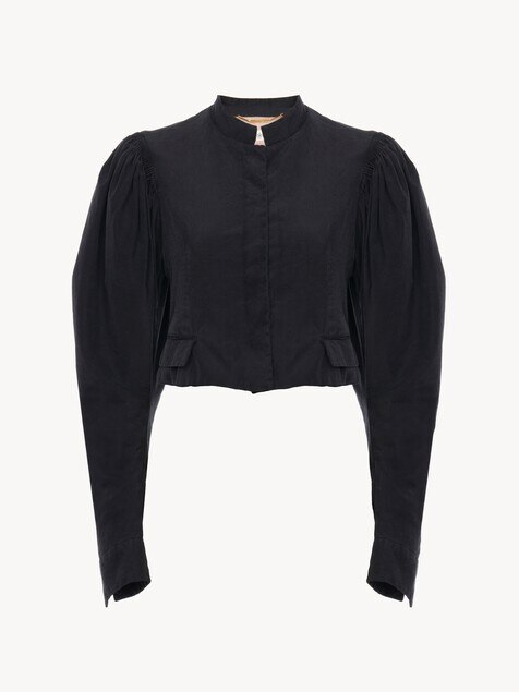 Puff-sleeve cropped jacket in silk faille