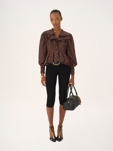 V-neck ruffle top in silk jacquard
