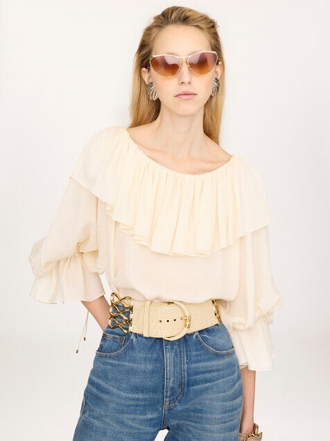 Fluid ruffle top in silk jacquard