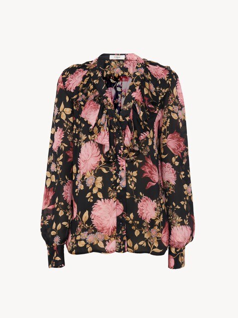 V-neck ruffled blouse in silk charmeuse