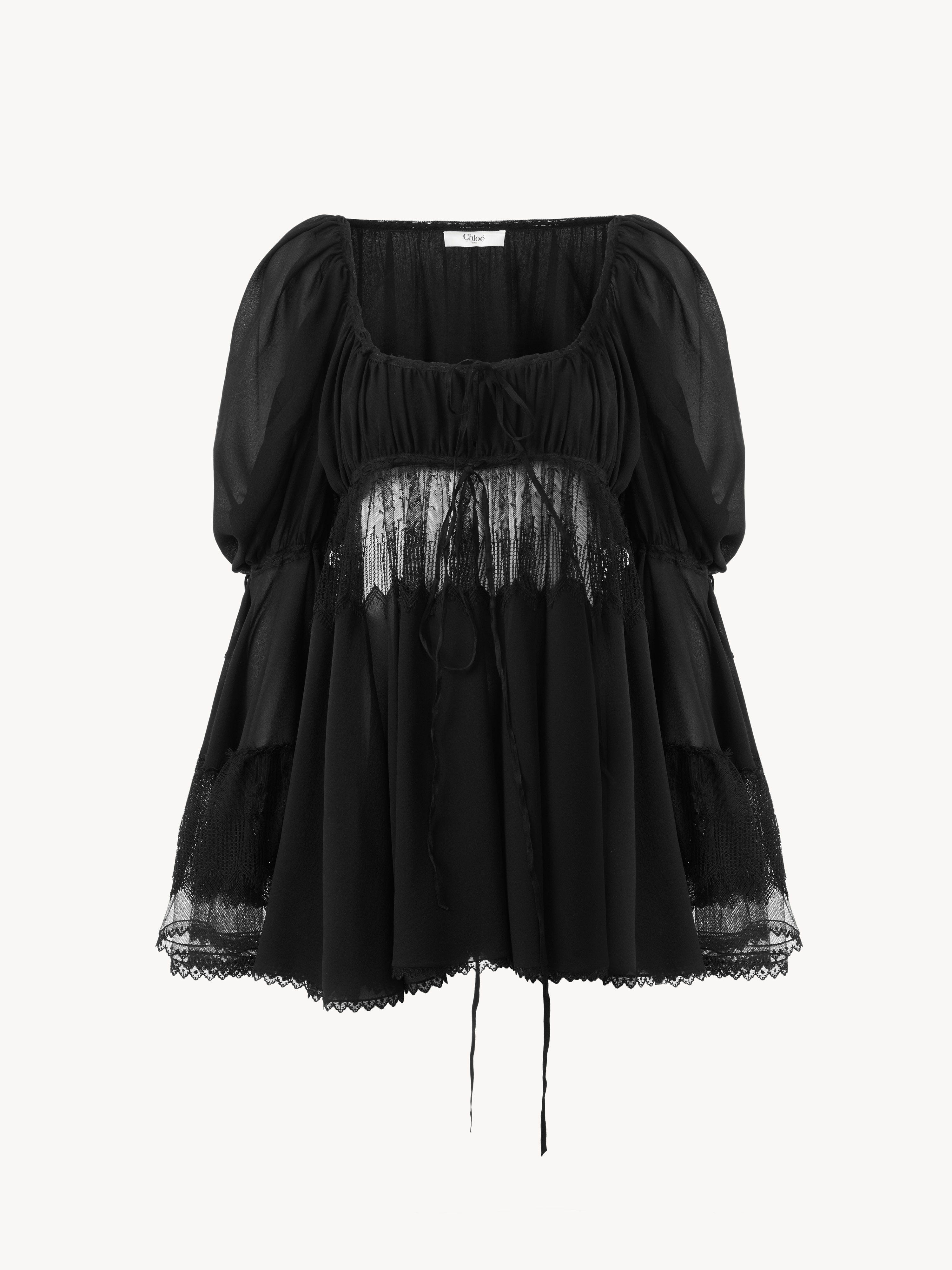 Tiered long skirt in silk georgette & lace - NaN