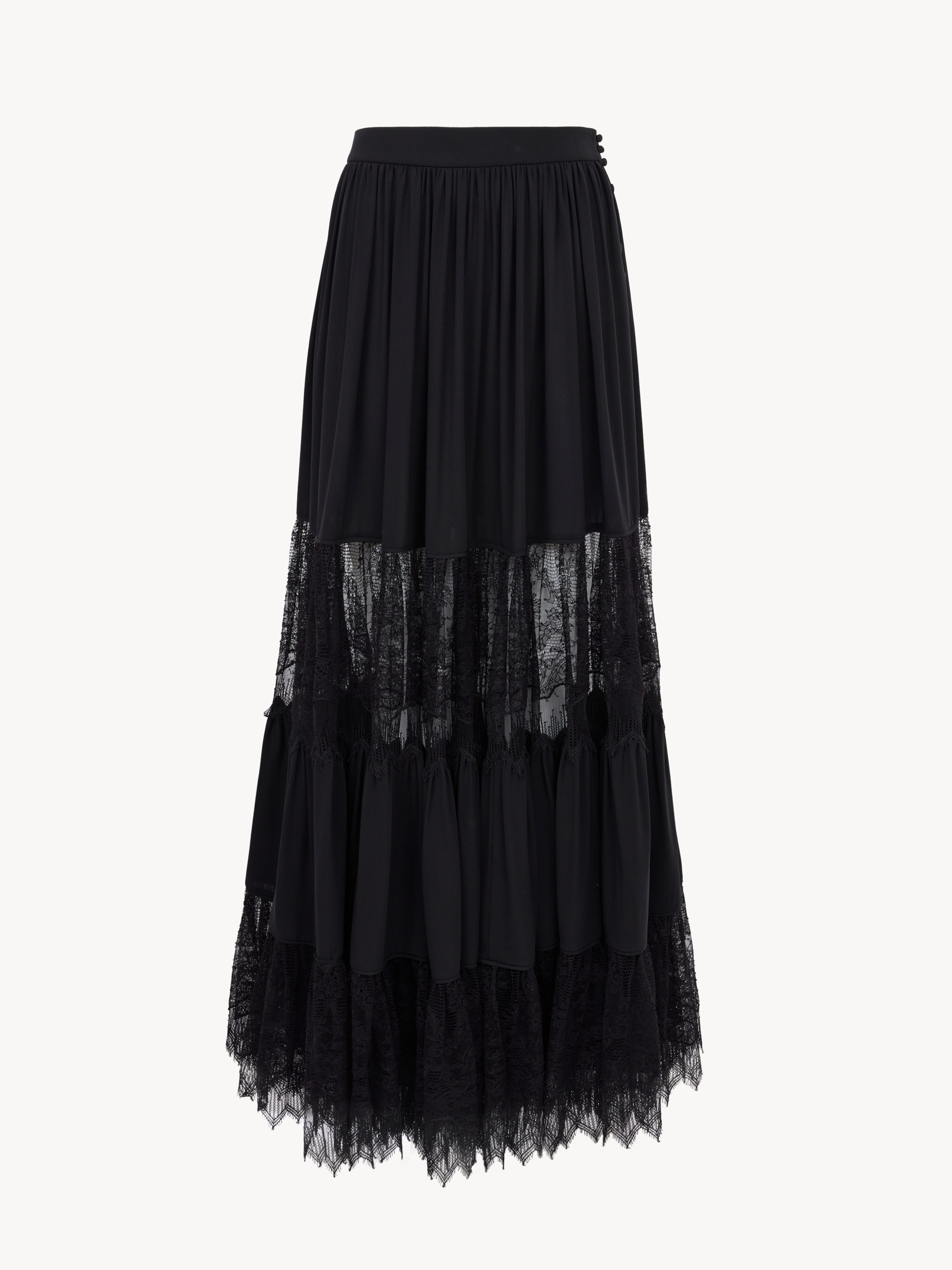 Top de manga abullonada y cuello redondo de georgette de seda y encaje - NaN
